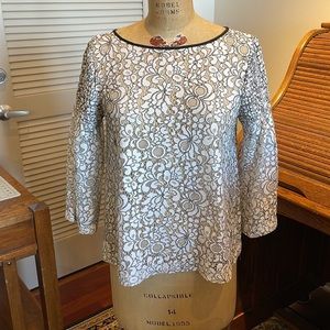Loft black and white floral lace blouse with bell sleeves